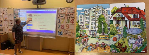 záběr na paní učitelku u tabule, jak vysvětluje aktivitu, dále záběr na pracovní knížku s obrázkem domu se zahradou a s panelovým domem - malované