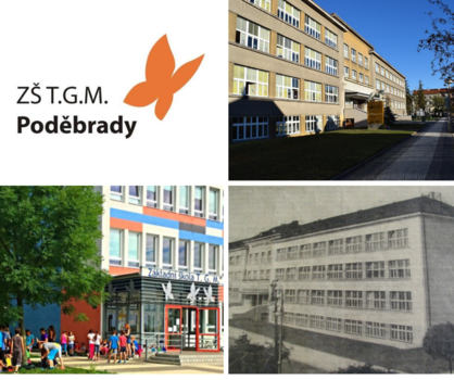 ilustrační foto, na kterém jsou záběry na budovy školy a logo školy, je zde i nová budova na Žižkově